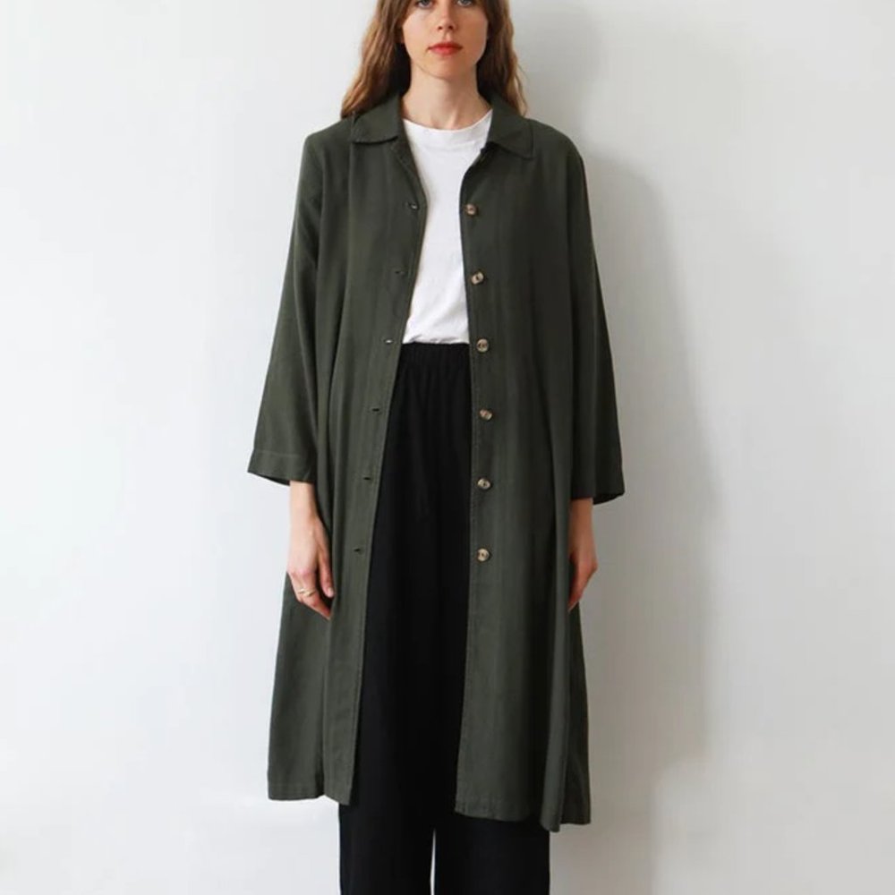 Me & Arrow Long Jacket Dress in Moss Linen